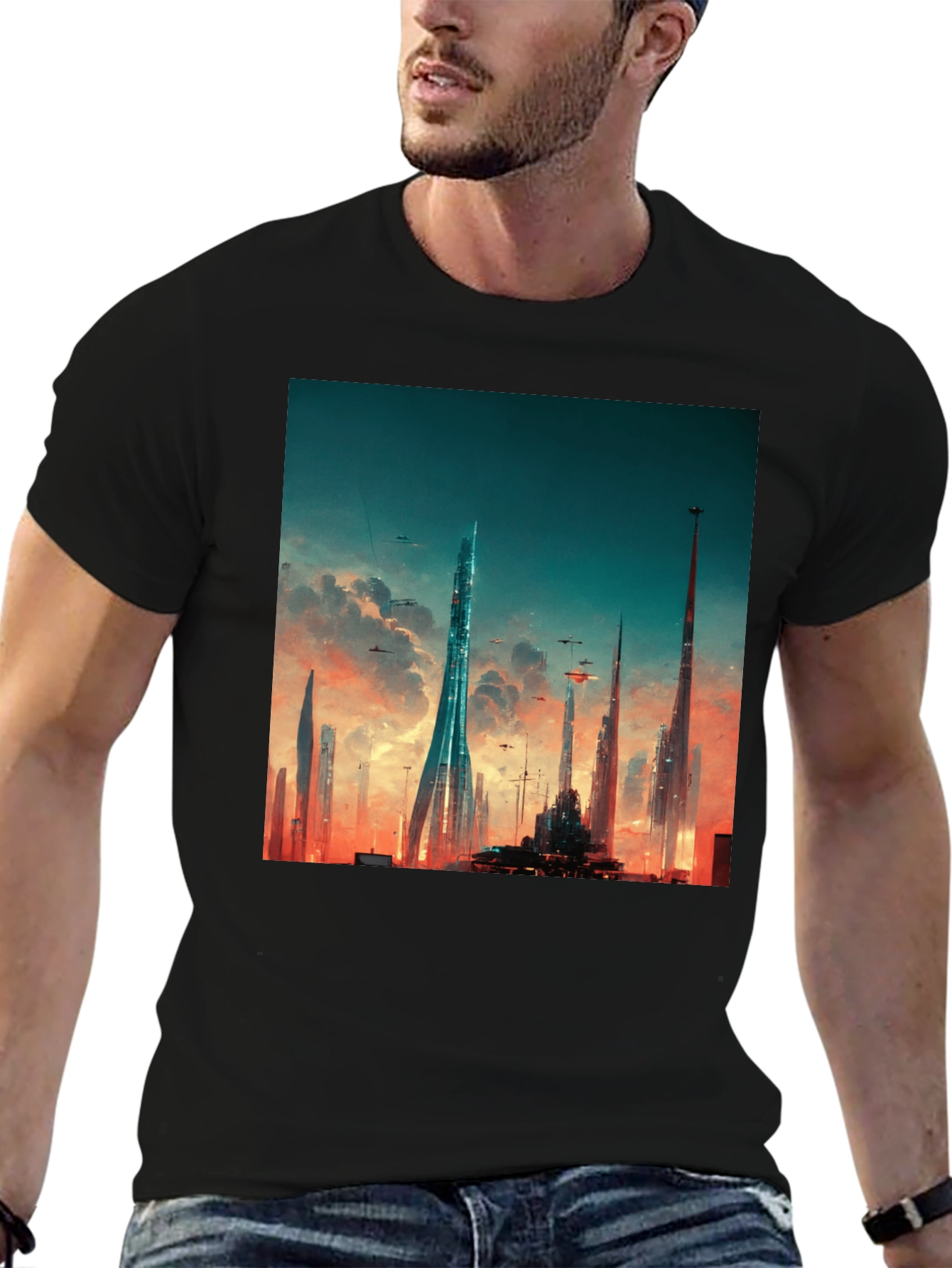 Futuristic Cityscape Graphic Tee - Black Cotton Blend