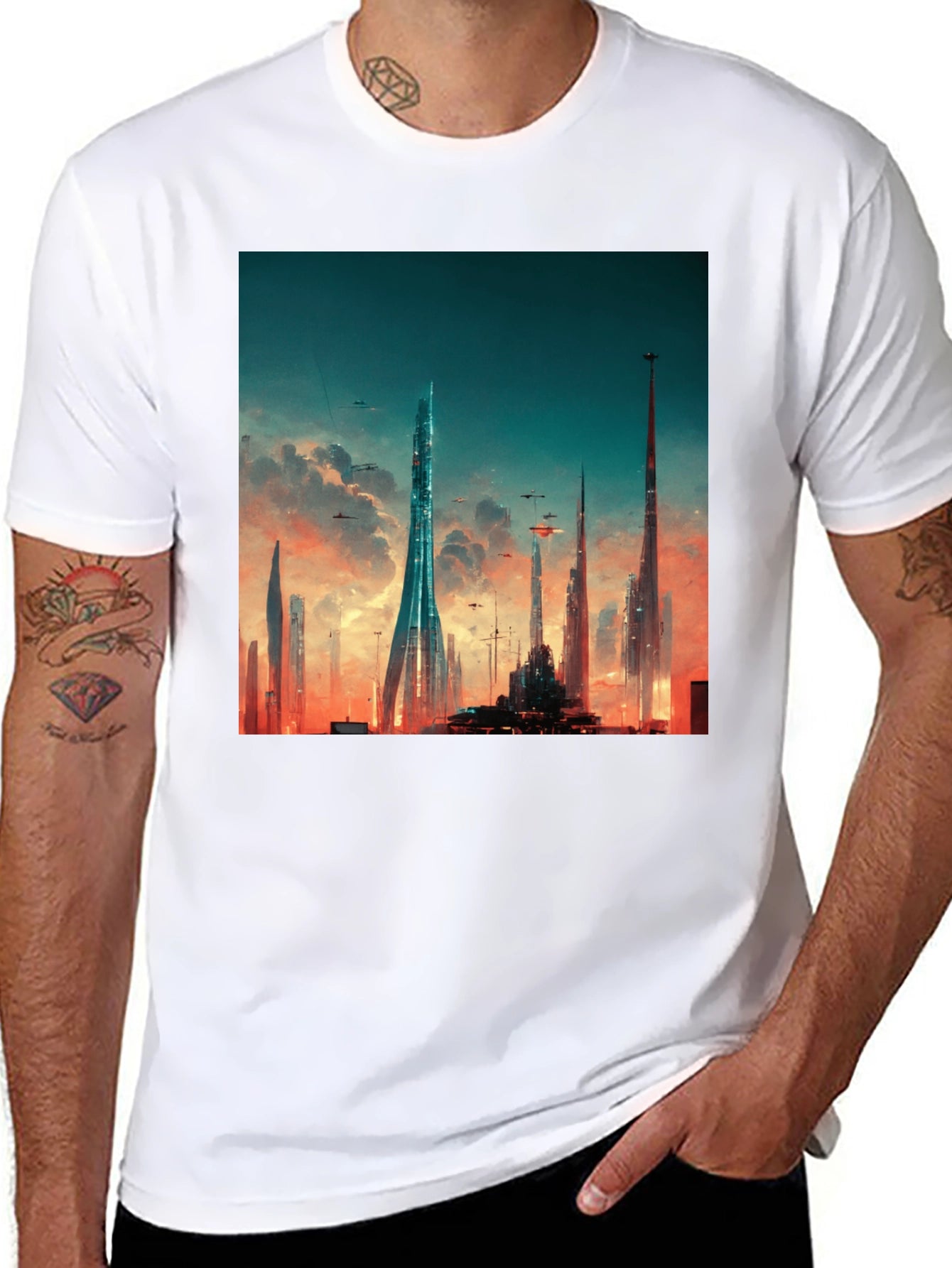 Futuristic Cityscape Graphic Tee - Black Cotton Blend