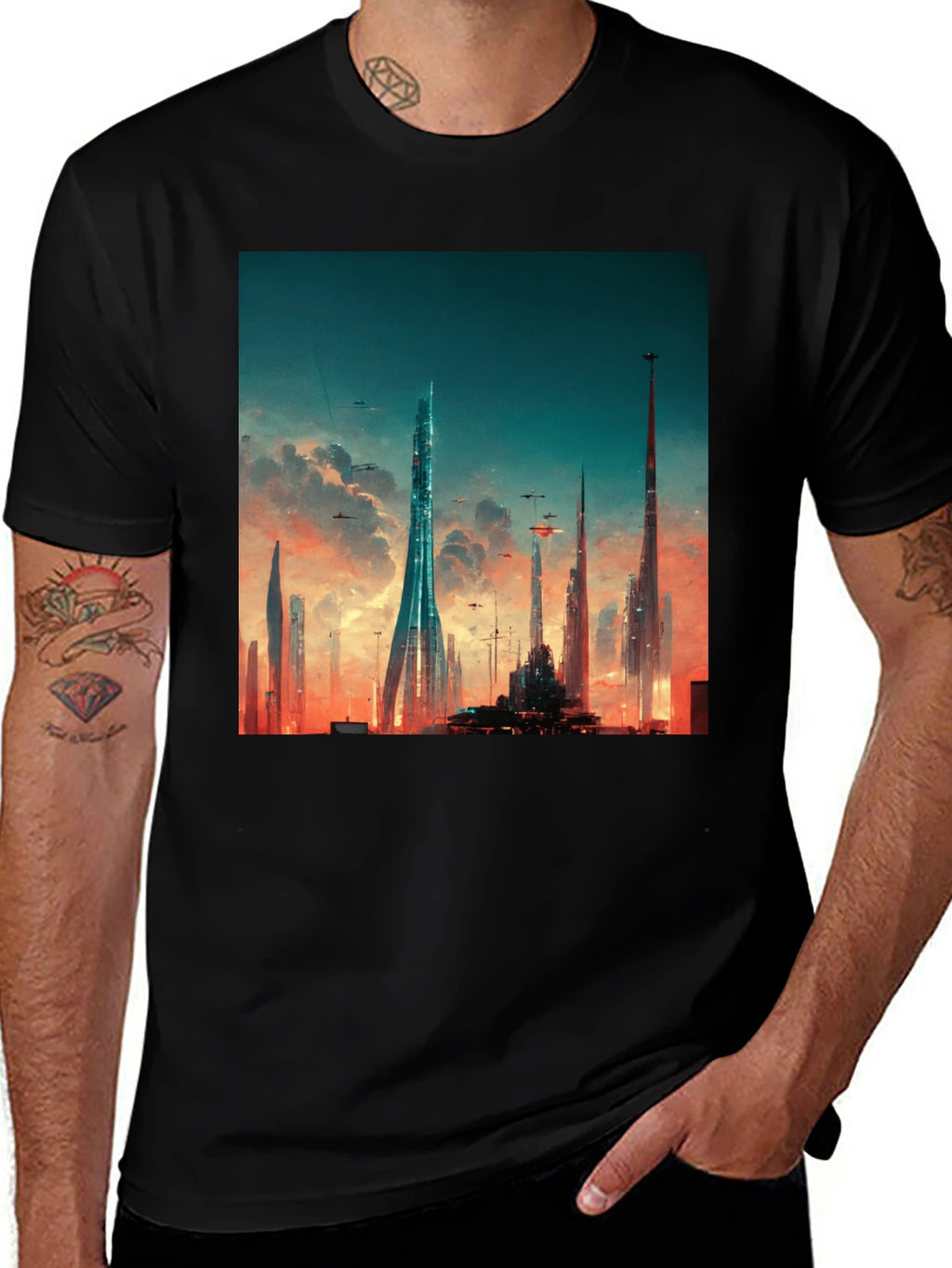 Futuristic Cityscape Graphic Tee - Black Cotton Blend