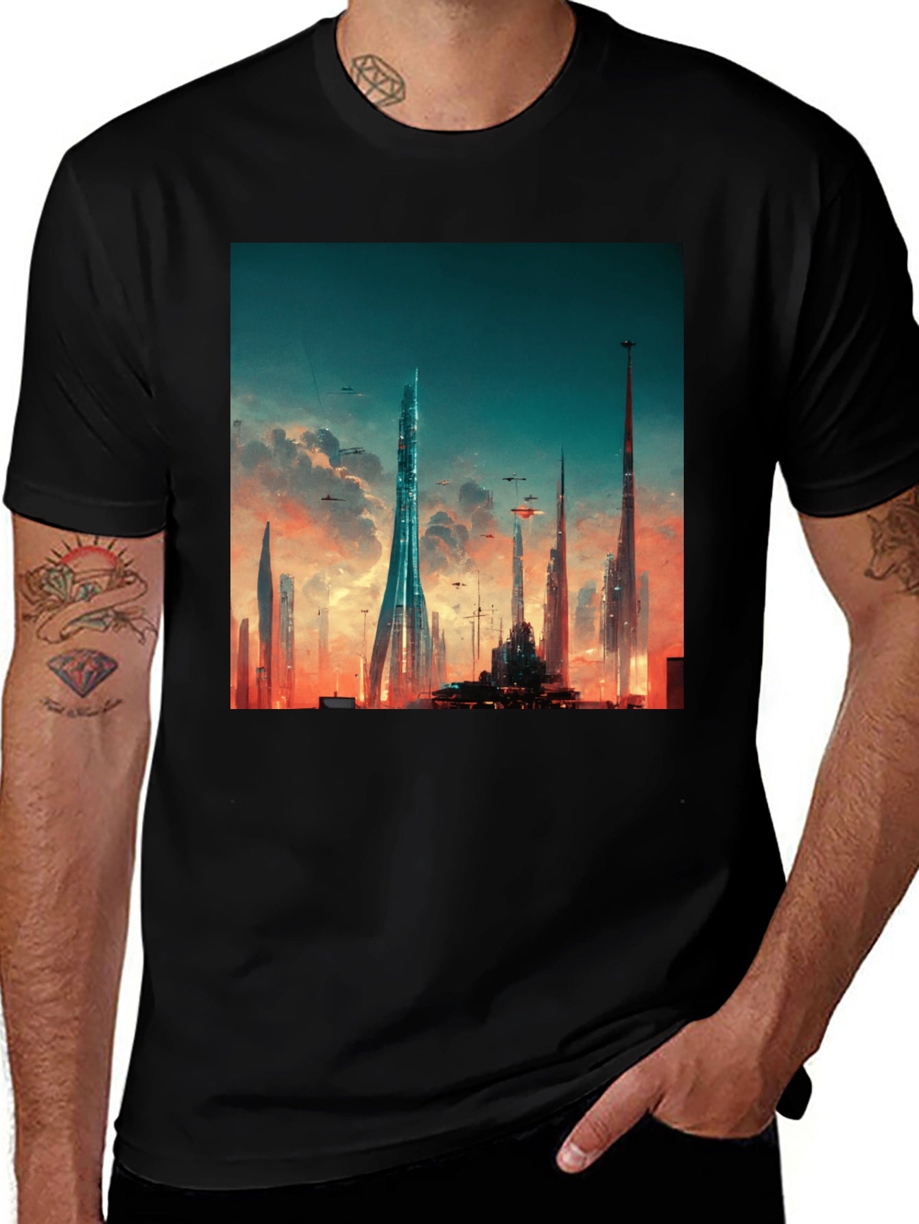 Futuristic Cityscape Graphic Tee - Black Cotton Blend