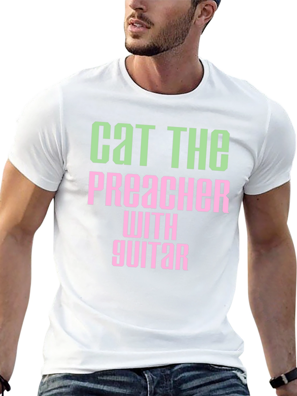Cat The Preacher with Guitar Graphic T-Shirt