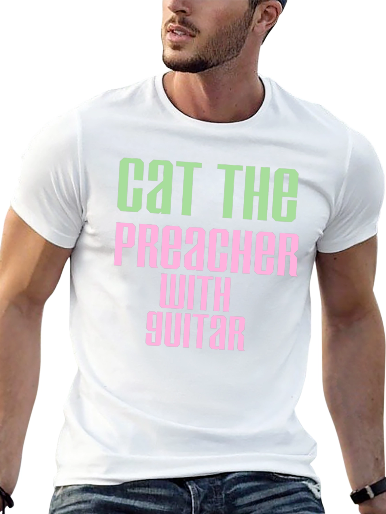 Cat The Preacher with Guitar Graphic T-Shirt