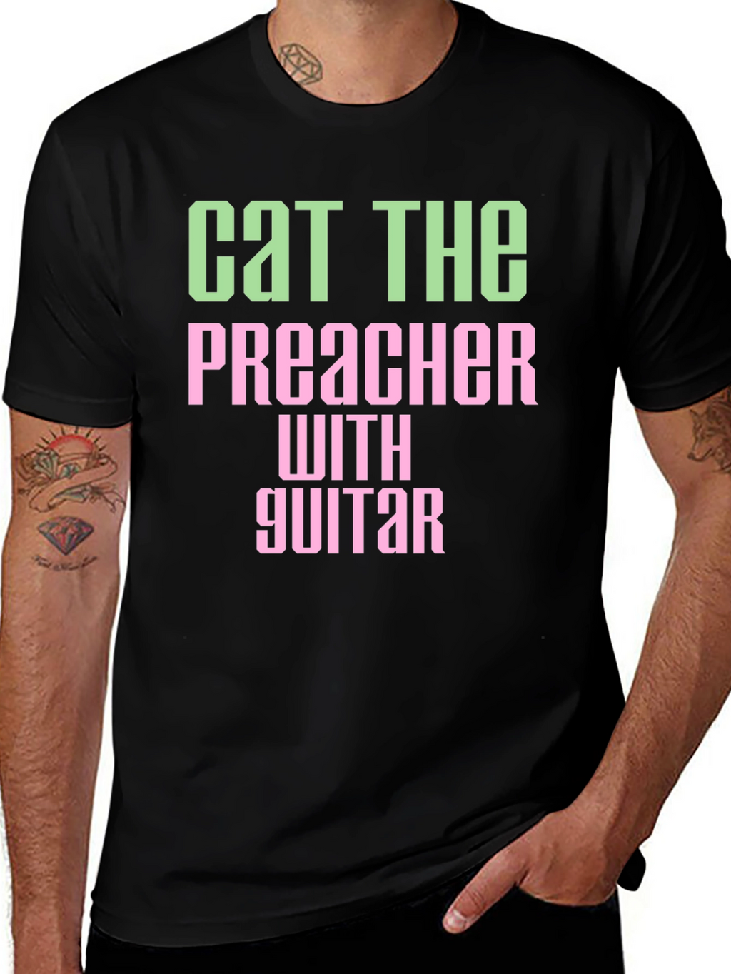 Cat The Preacher with Guitar Graphic T-Shirt