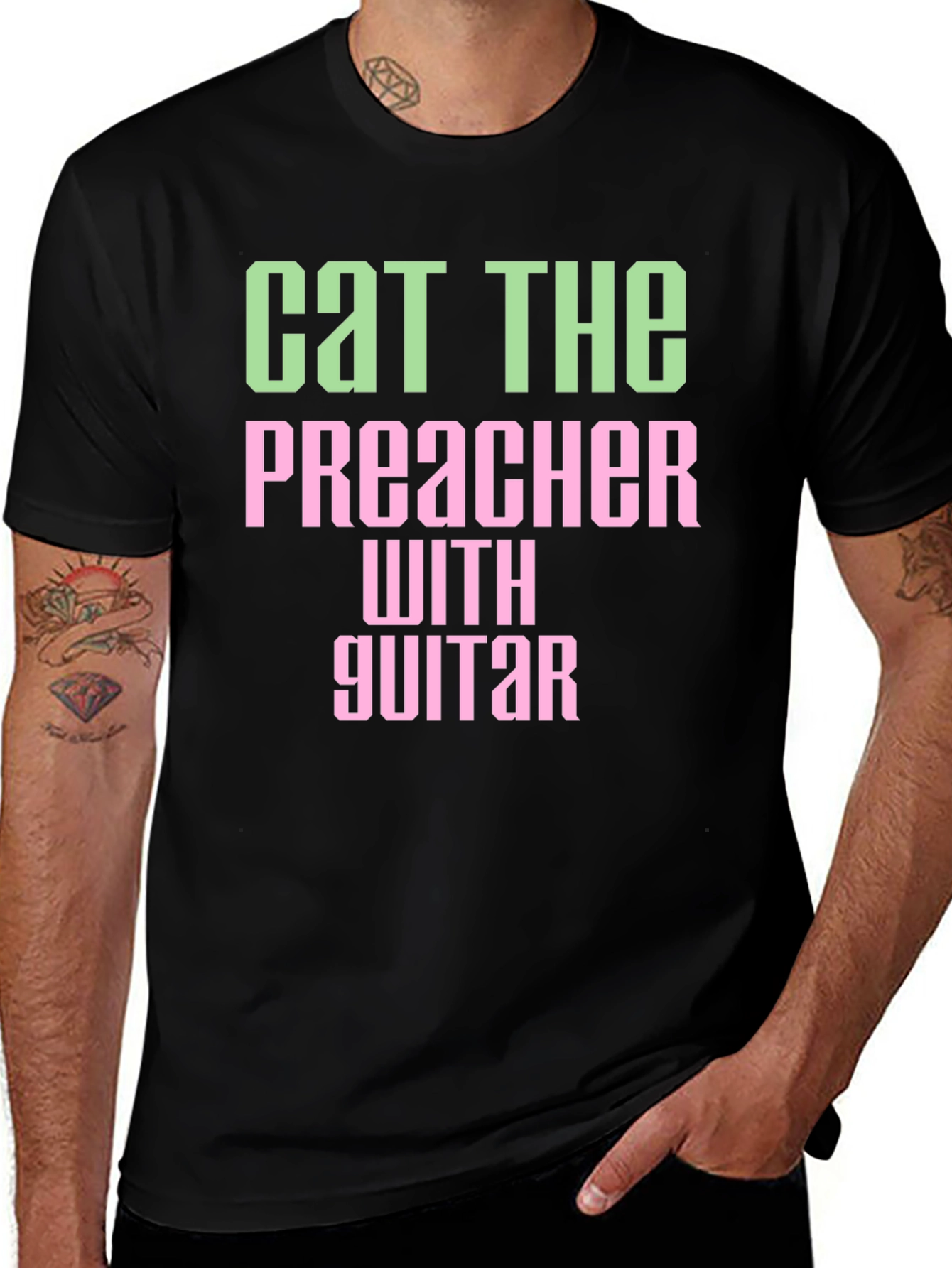 Cat The Preacher with Guitar Graphic T-Shirt