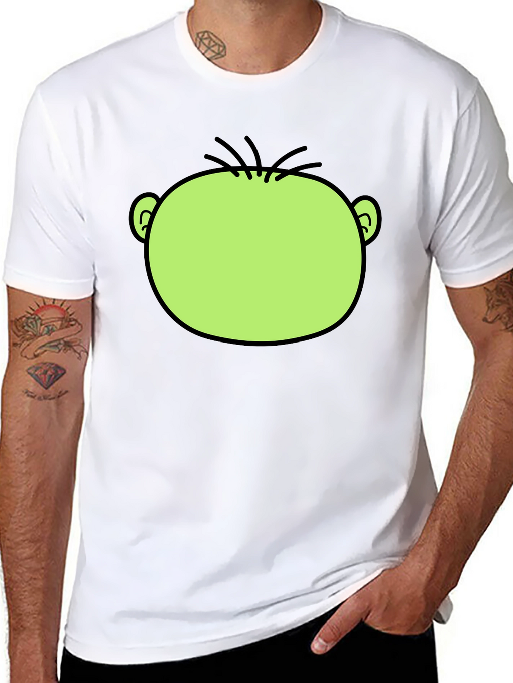 Funny Green Cartoon Face Graphic Black T-Shirt