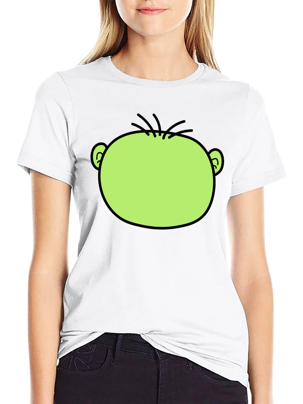 Funny Green Cartoon Face Graphic Black T-Shirt