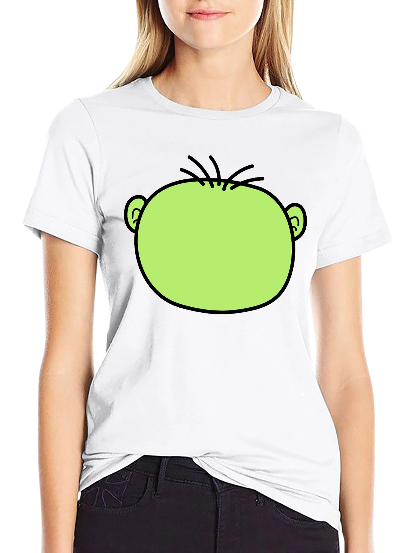 Funny Green Cartoon Face Graphic Black T-Shirt