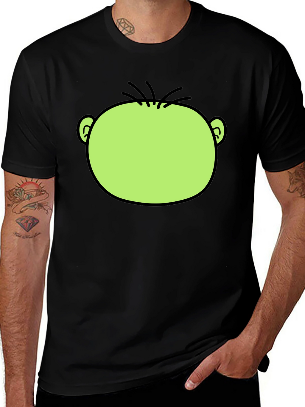 Funny Green Cartoon Face Graphic Black T-Shirt
