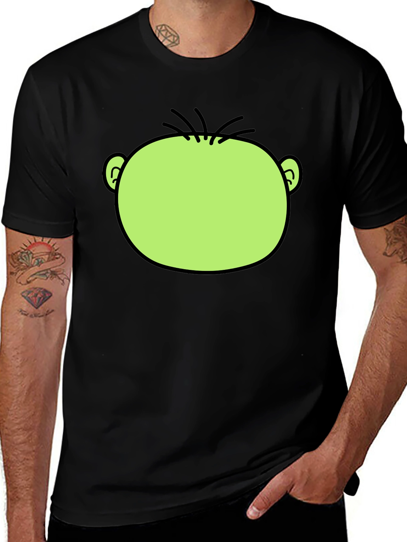 Funny Green Cartoon Face Graphic Black T-Shirt