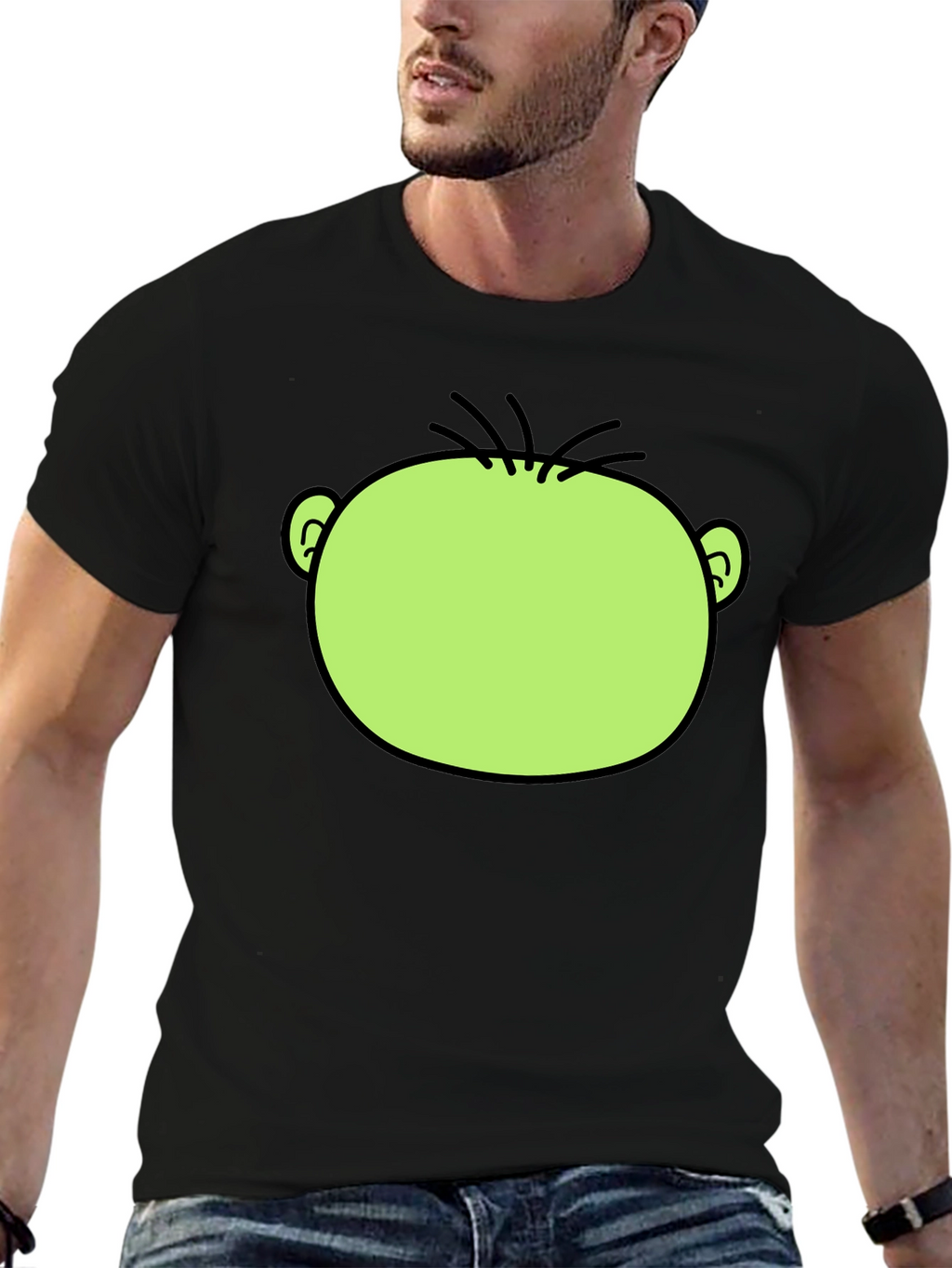 Funny Green Cartoon Face Graphic Black T-Shirt