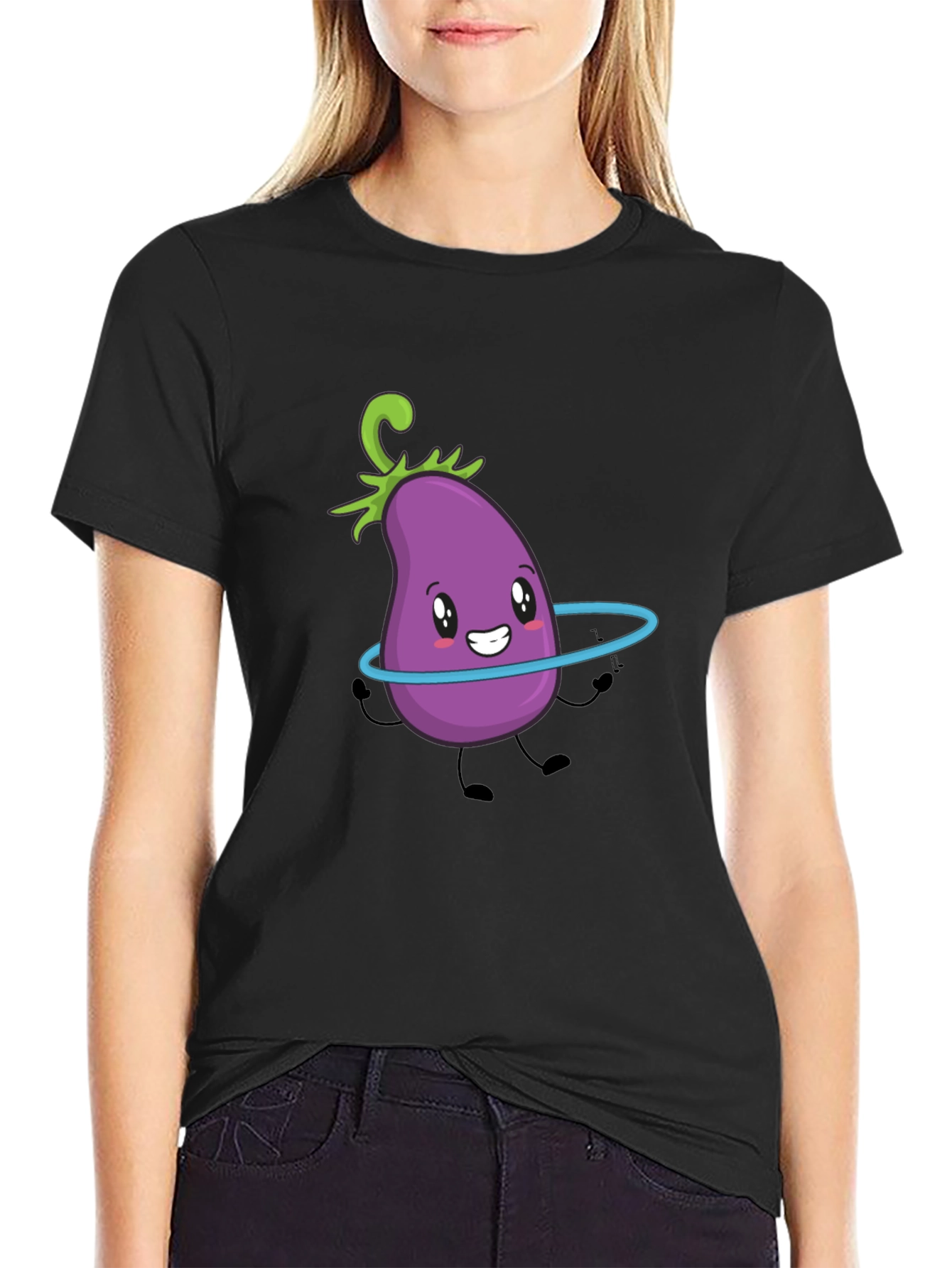 Cute Eggplant Hula Hoop Black T-Shirt