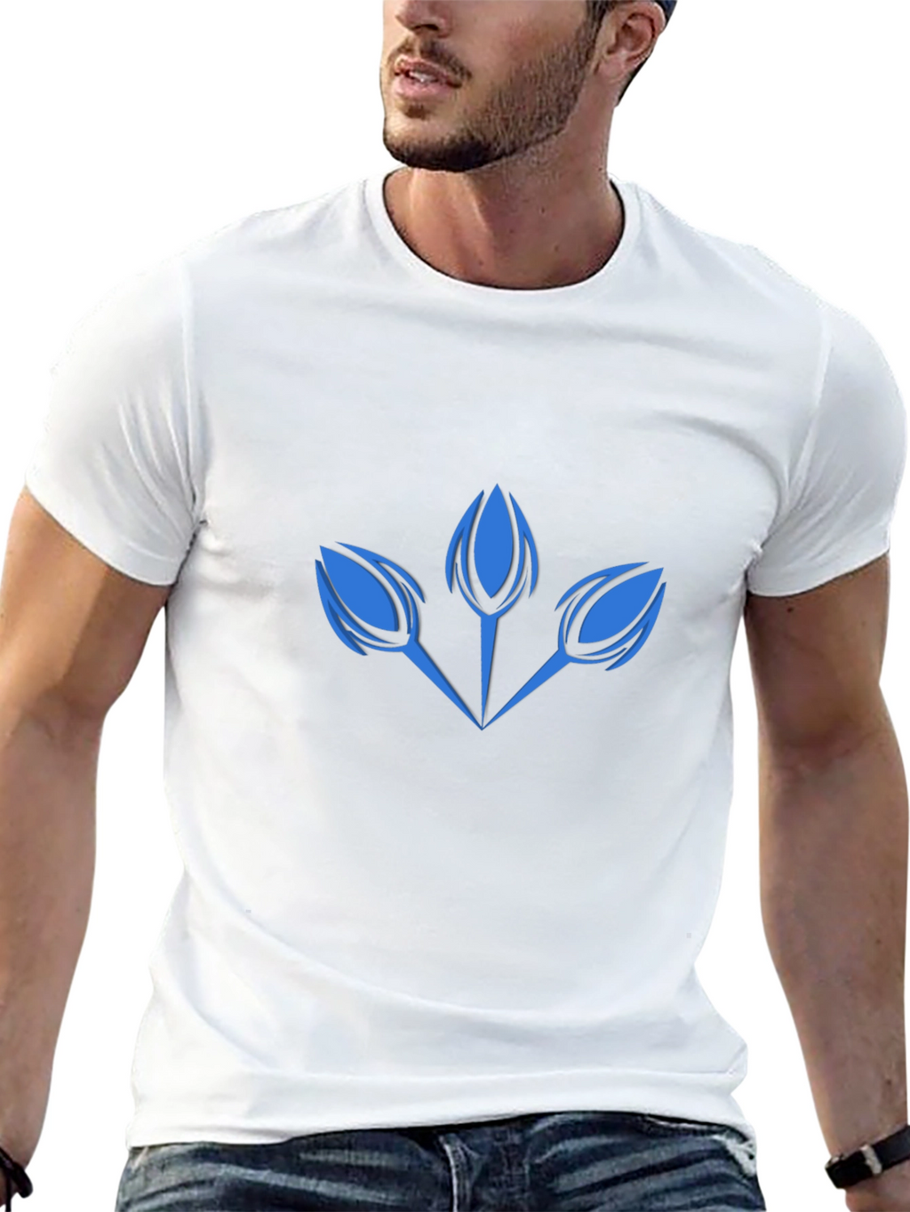 Modern Blue Floral Graphic Print Black T-Shirt