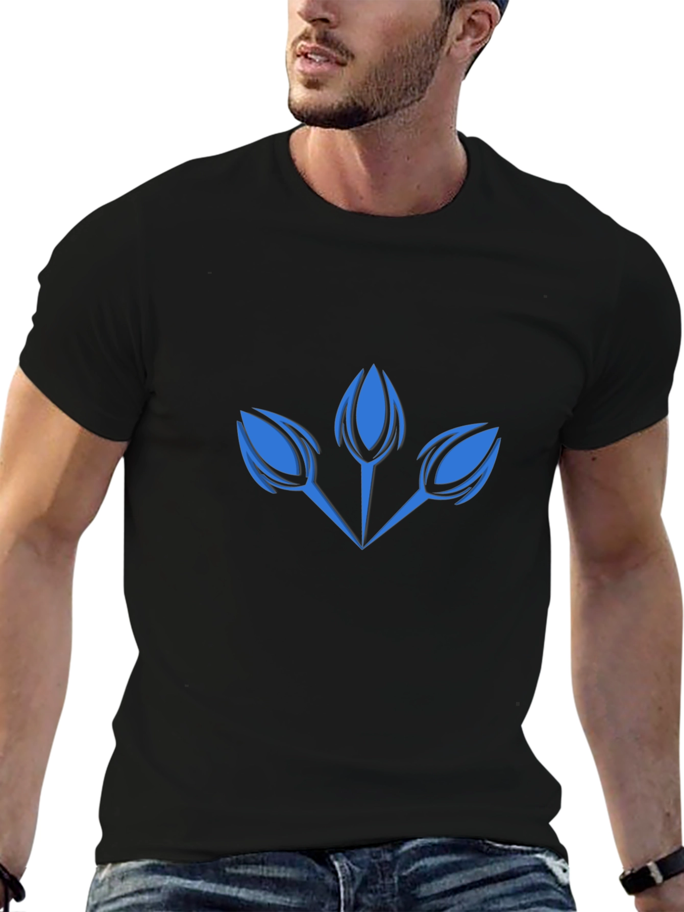 Modern Blue Floral Graphic Print Black T-Shirt