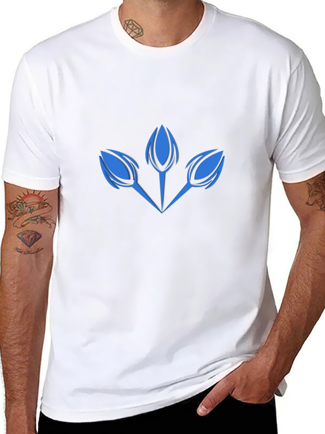Modern Blue Floral Graphic Print Black T-Shirt