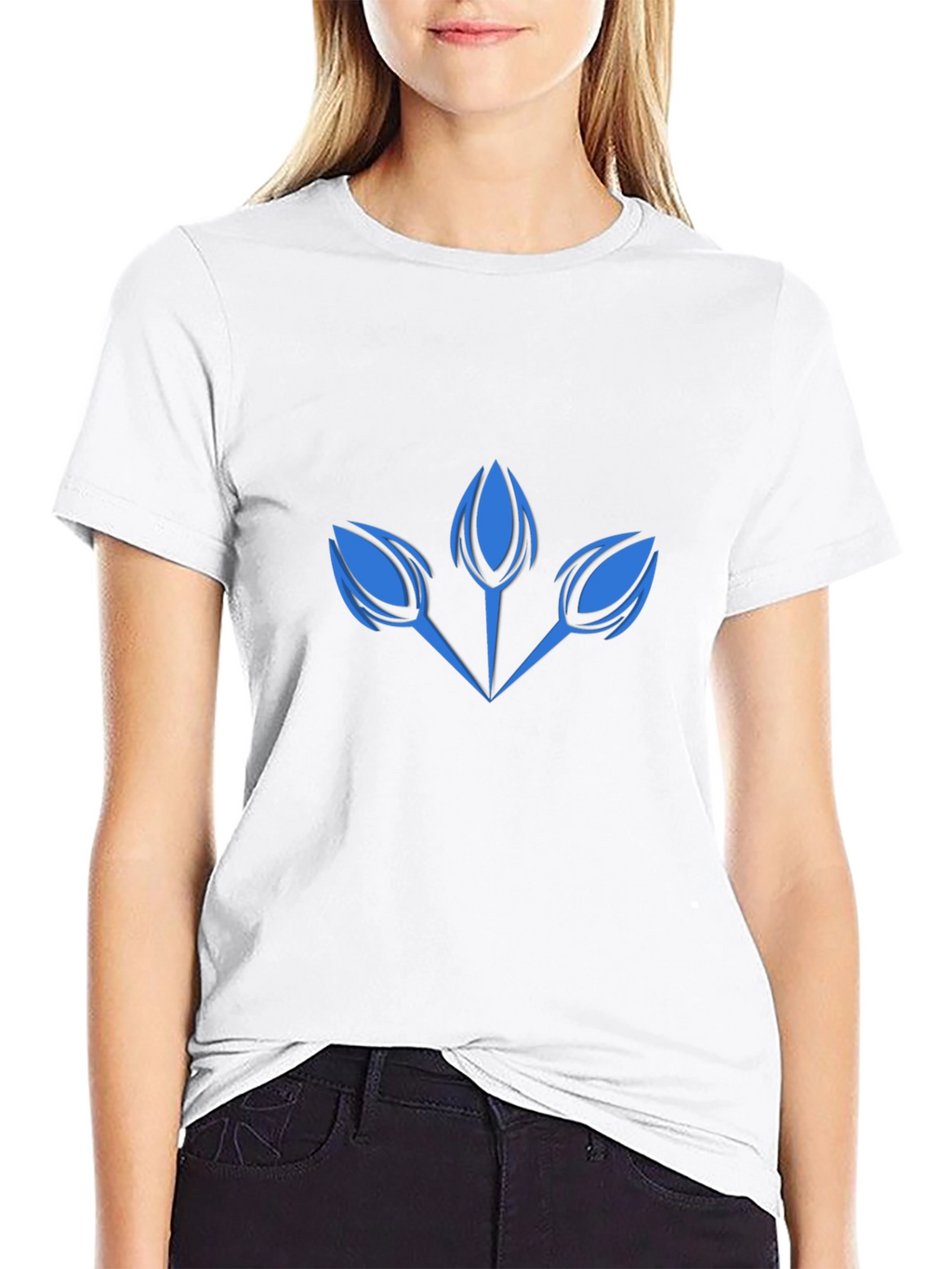 Modern Blue Floral Graphic Print Black T-Shirt