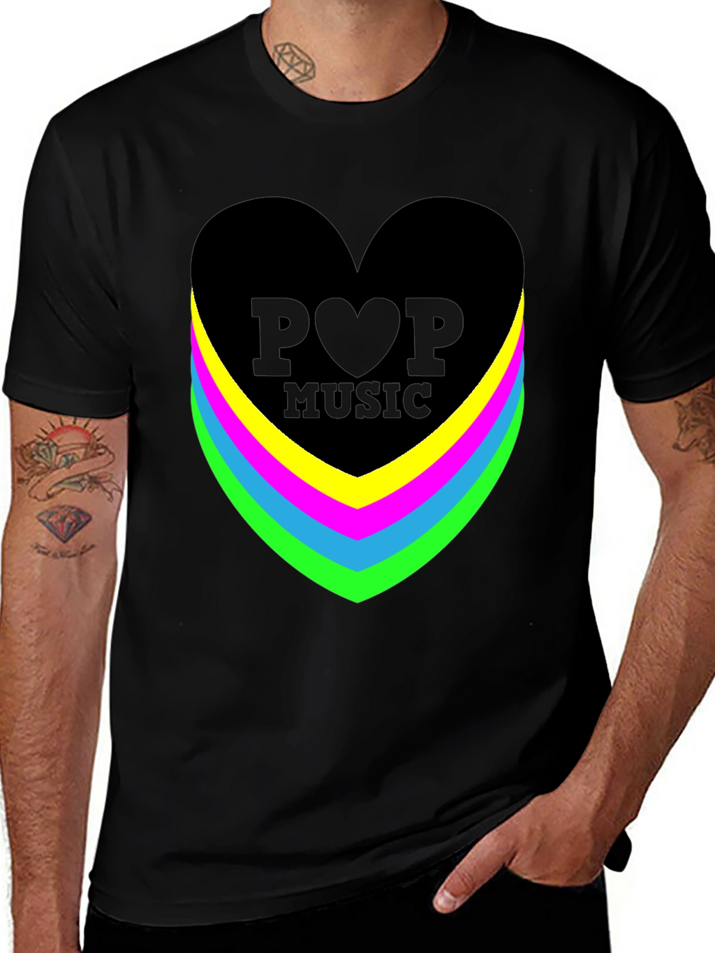 Pop Music Heart Graphic Black T-Shirt