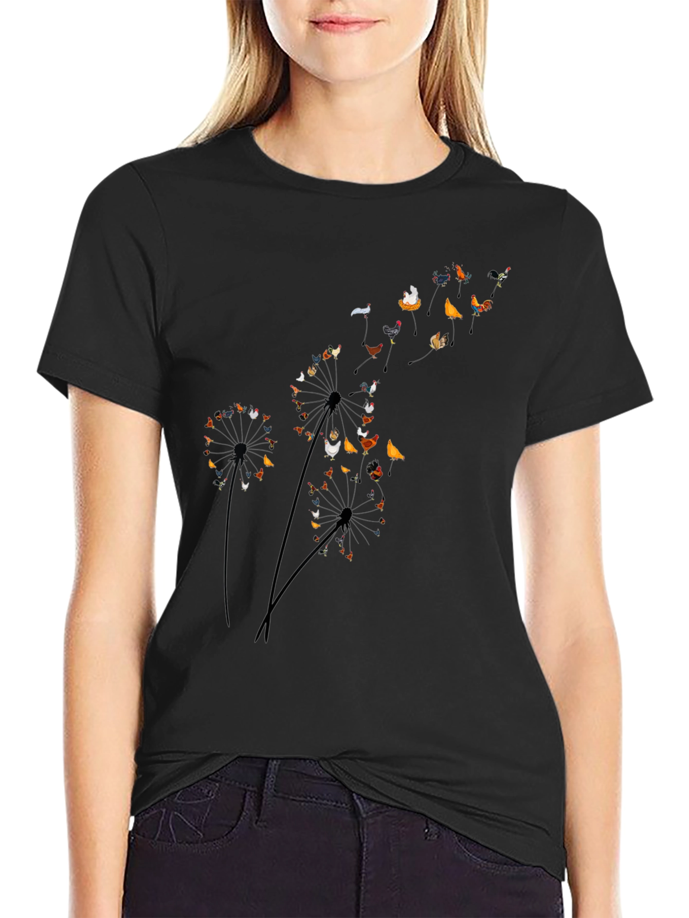 Chicken Dandelion Black T-Shirt