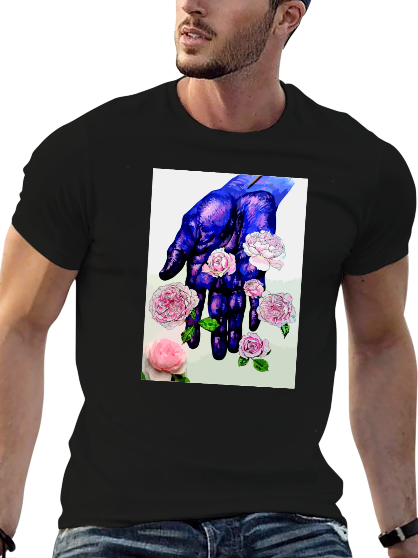Floral Hand Print T-Shirt - Unique Artistic Design
