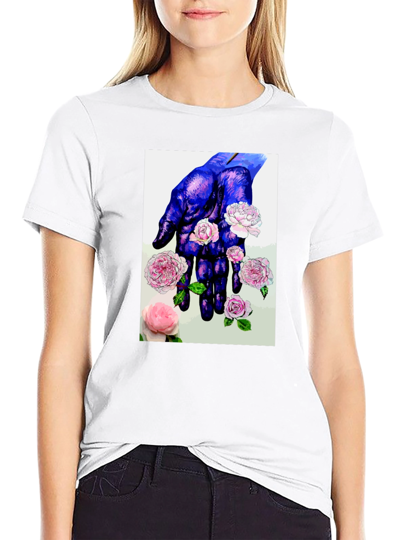 Floral Hand Print T-Shirt - Unique Artistic Design