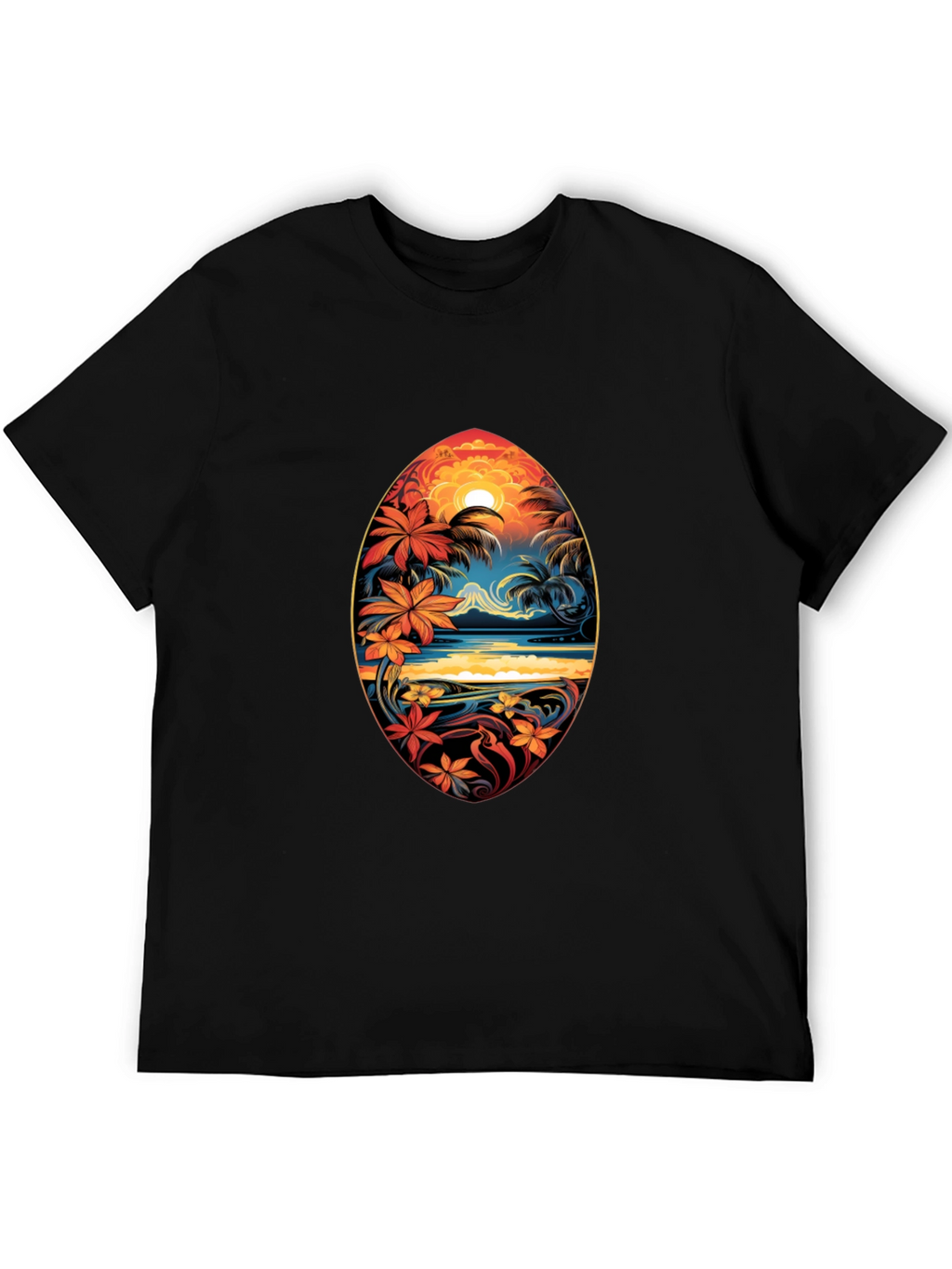 Tropical Island Surfboard Design Black T-Shirt