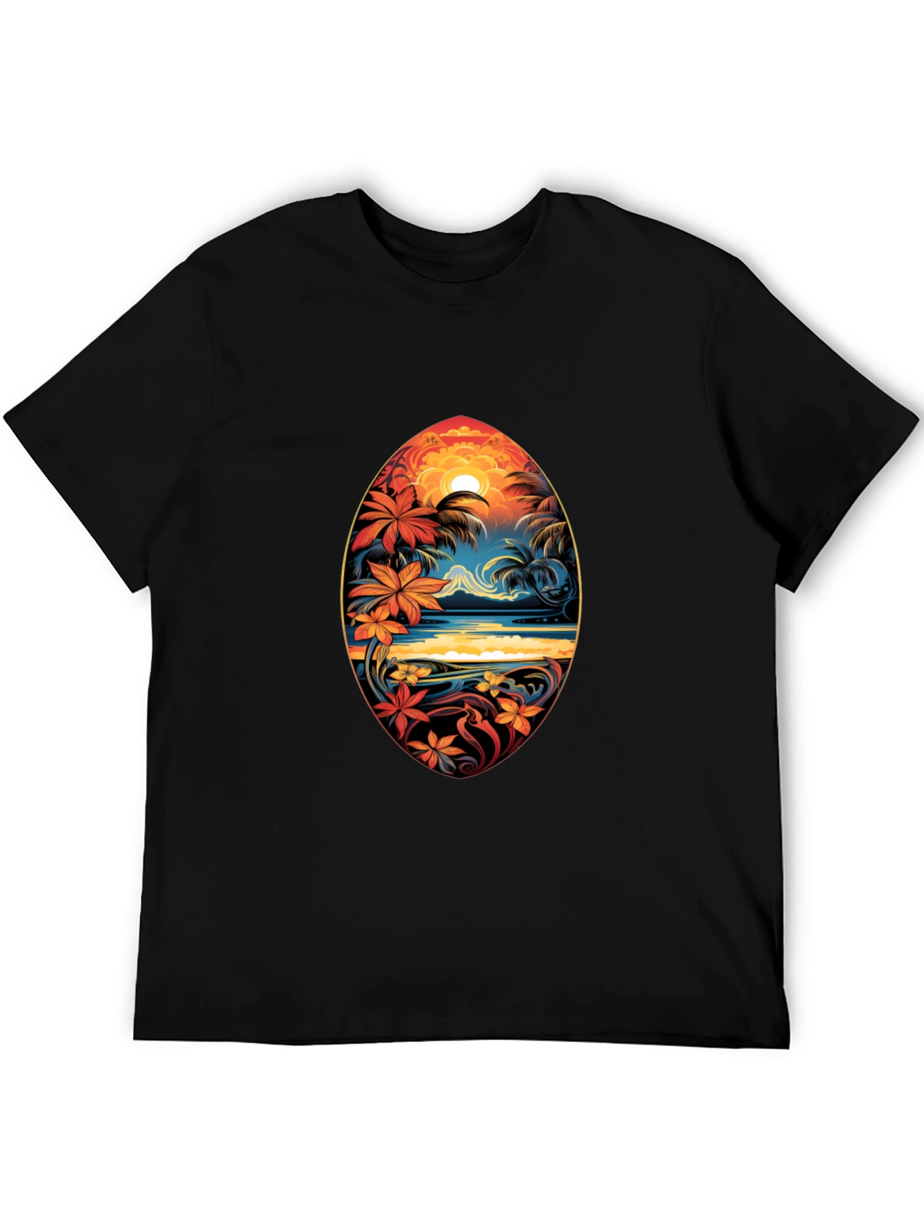Tropical Island Surfboard Design Black T-Shirt