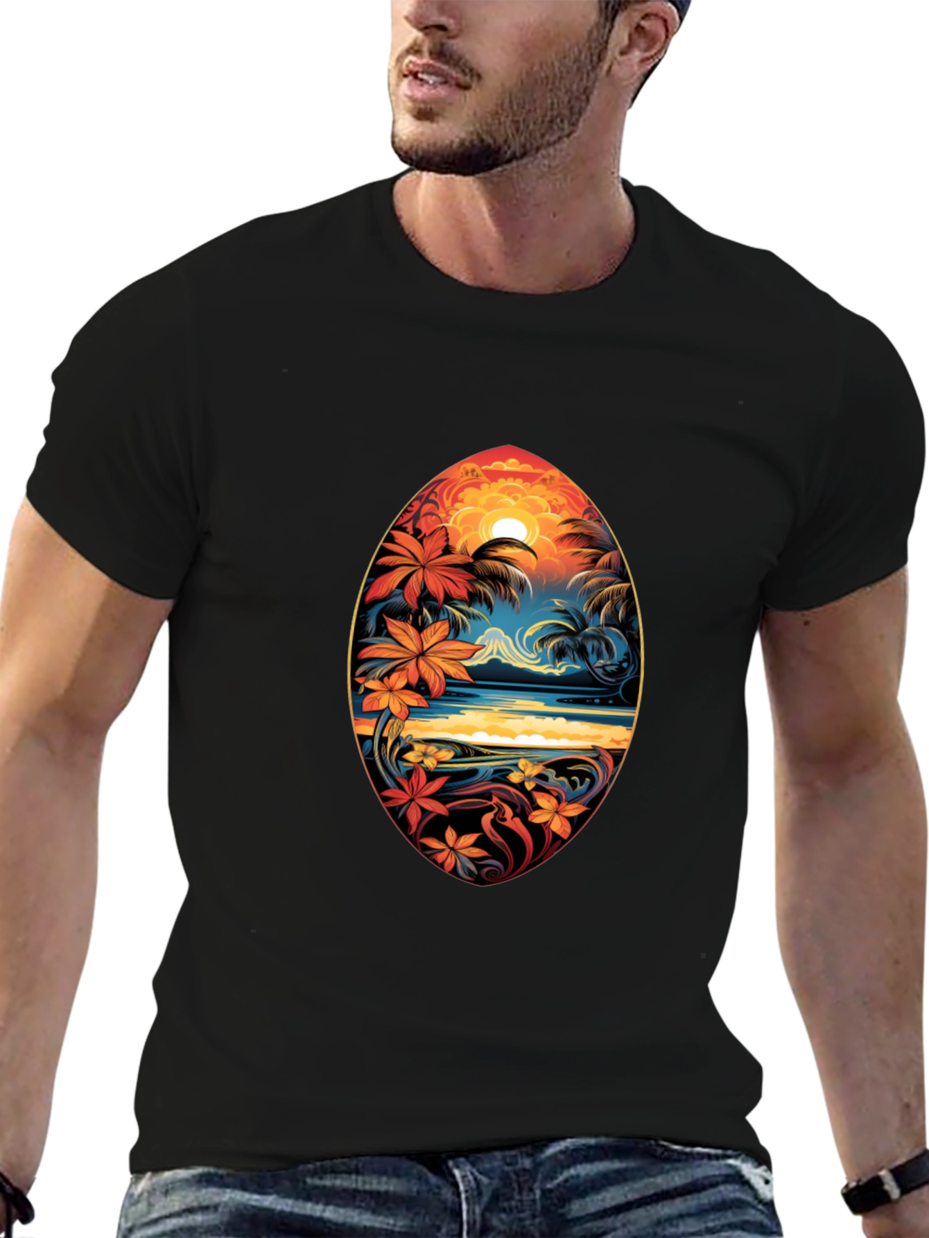 Tropical Island Surfboard Design Black T-Shirt