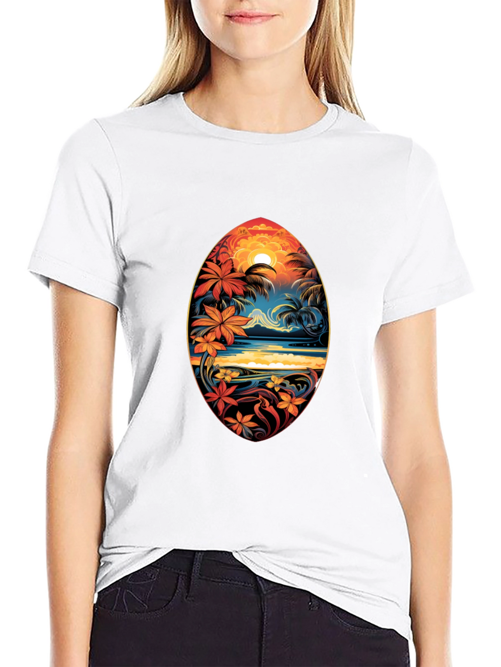 Tropical Island Surfboard Design Black T-Shirt