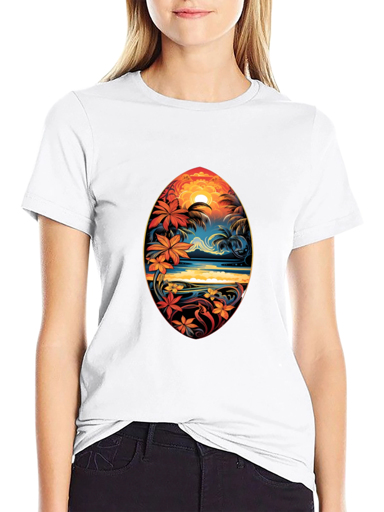 Tropical Island Surfboard Design Black T-Shirt