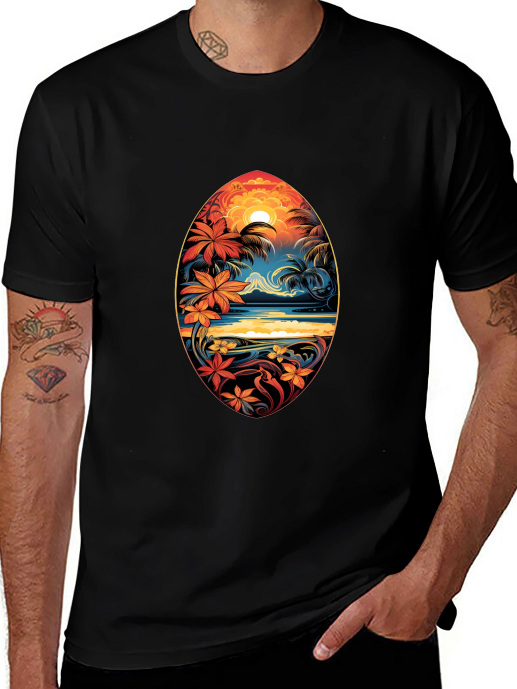 Tropical Island Surfboard Design Black T-Shirt