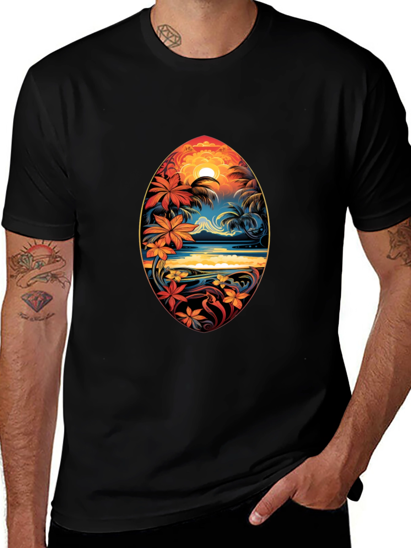 Tropical Island Surfboard Design Black T-Shirt