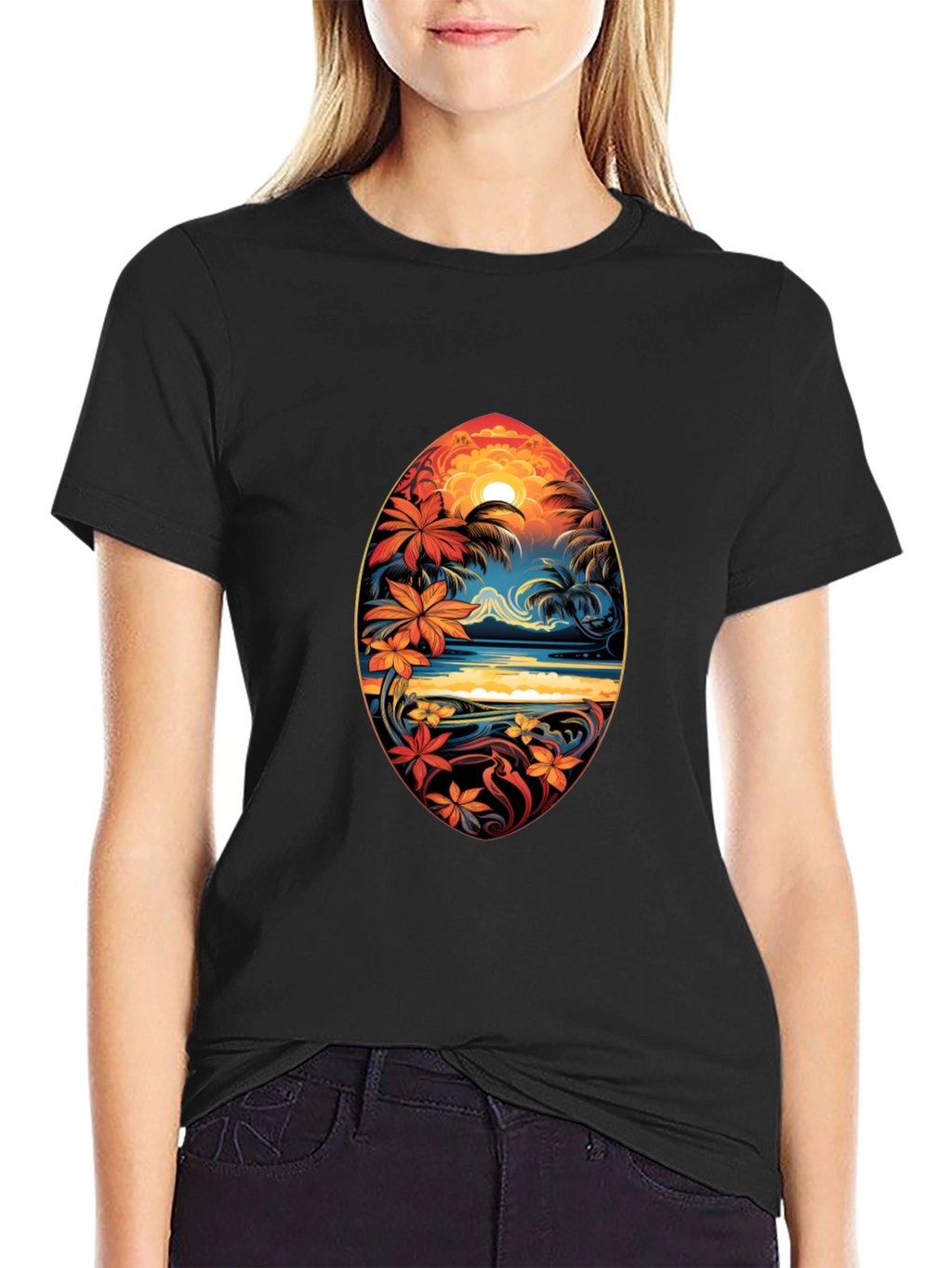 Tropical Island Surfboard Design Black T-Shirt