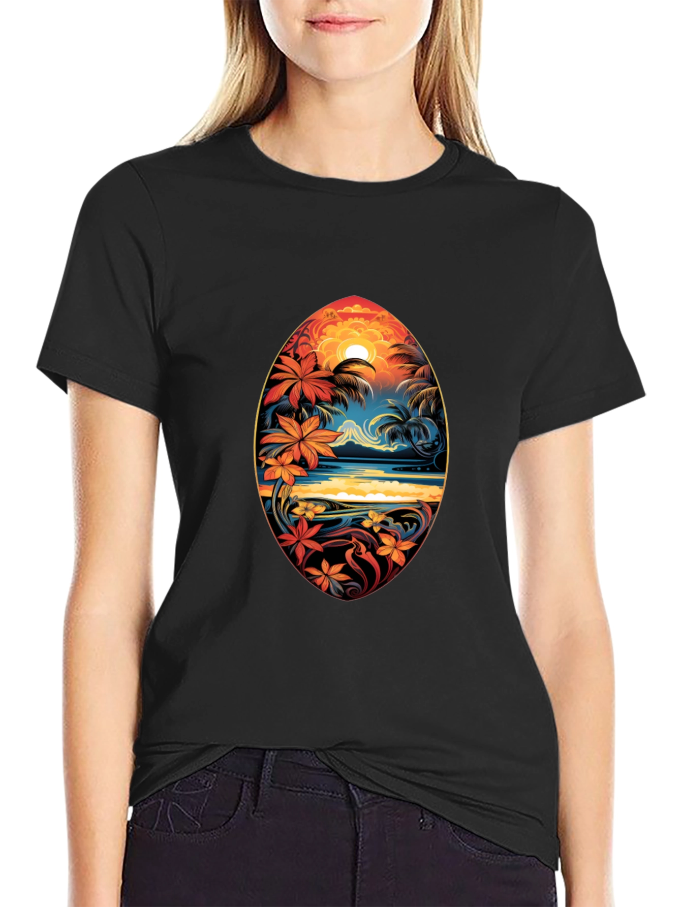 Tropical Island Surfboard Design Black T-Shirt