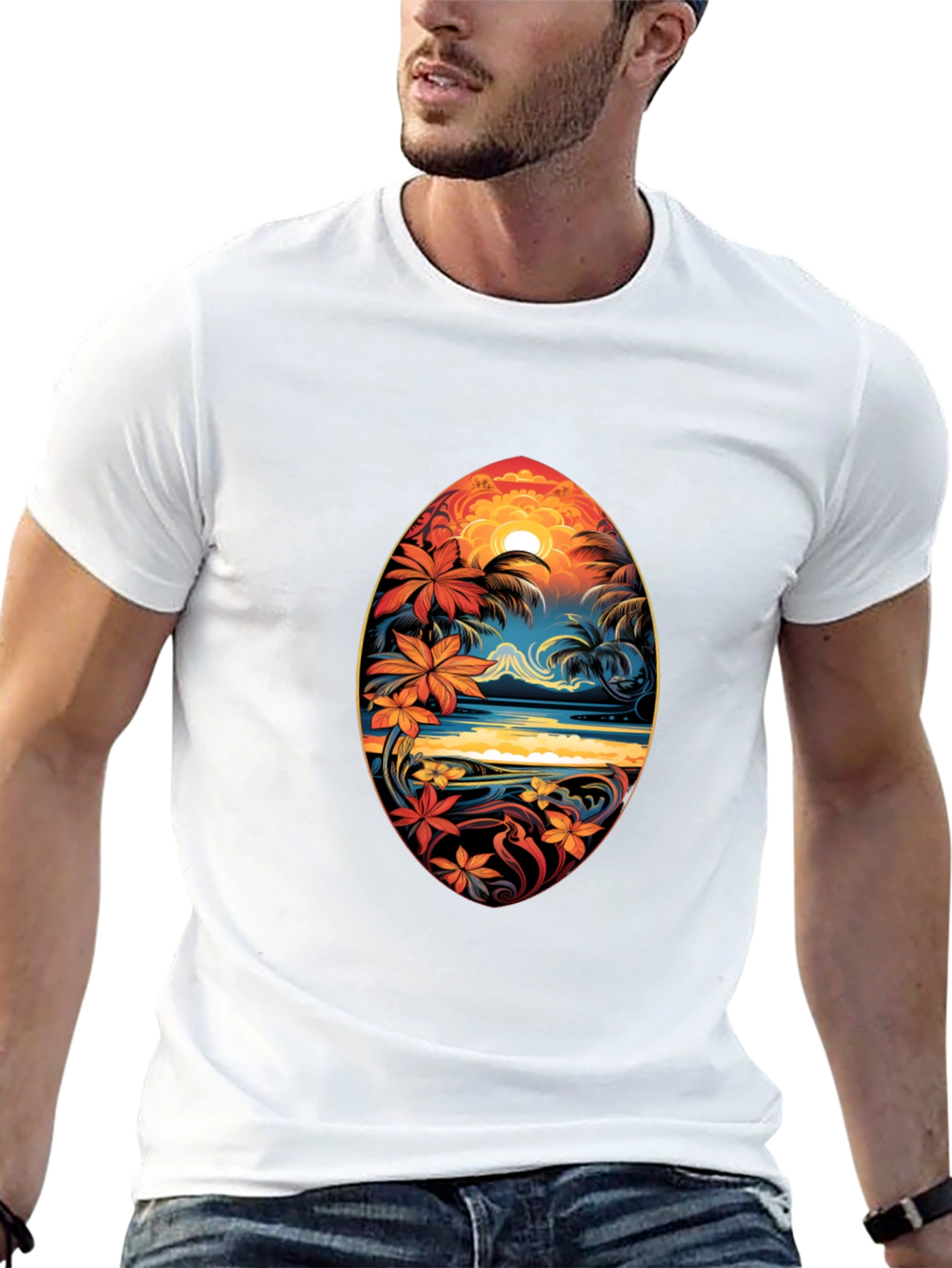 Tropical Island Surfboard Design Black T-Shirt