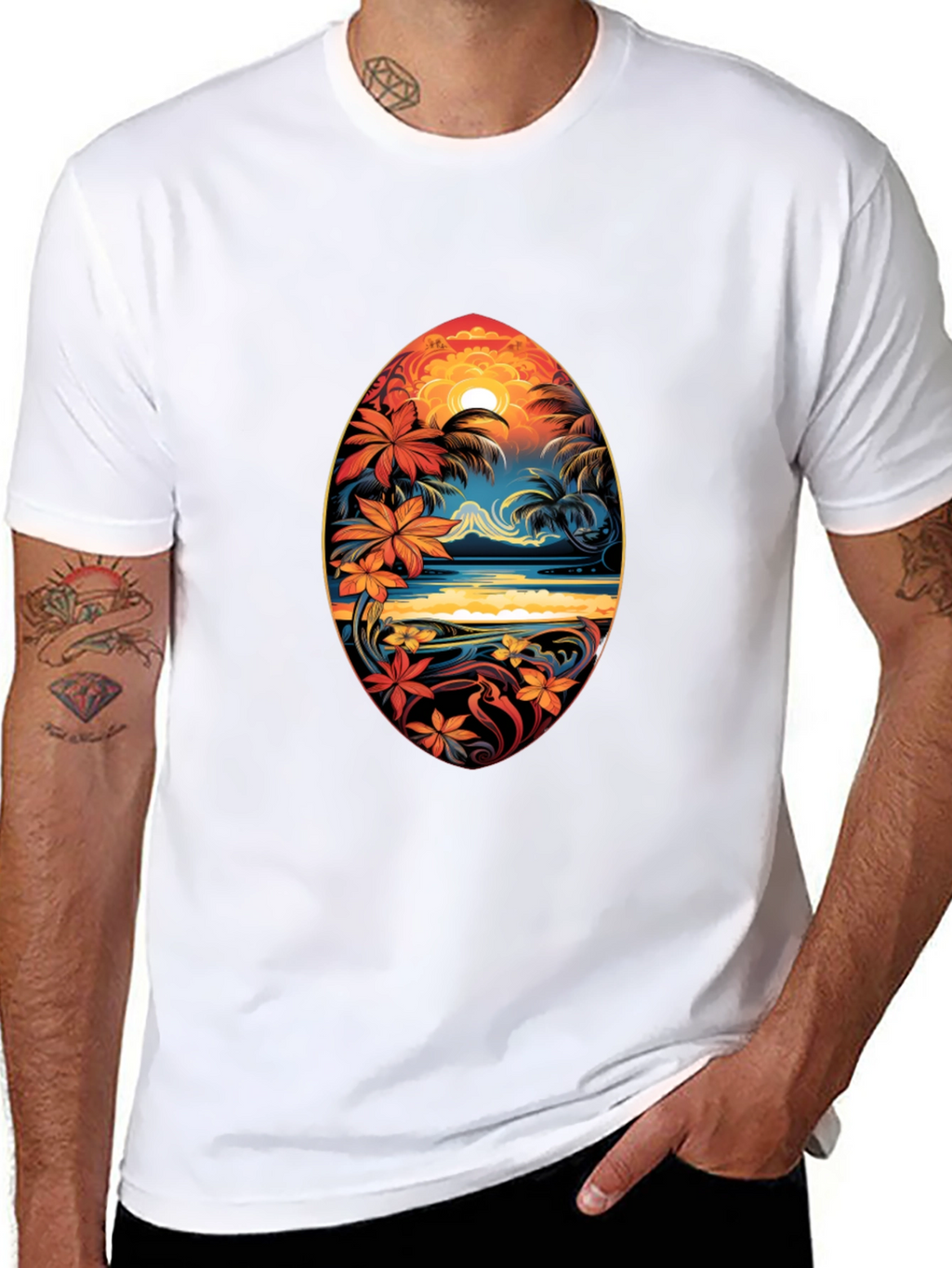 Tropical Island Surfboard Design Black T-Shirt