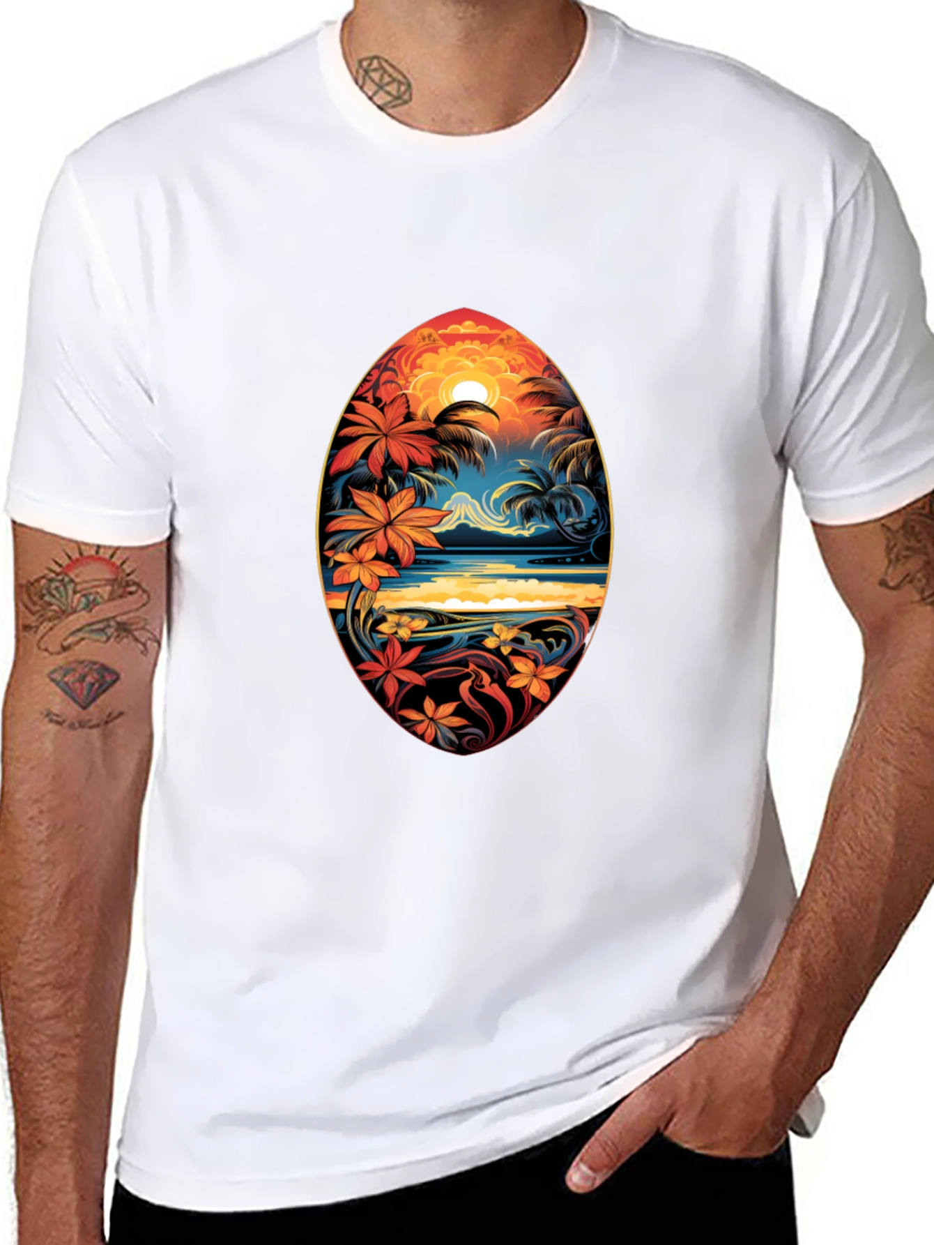 Tropical Island Surfboard Design Black T-Shirt