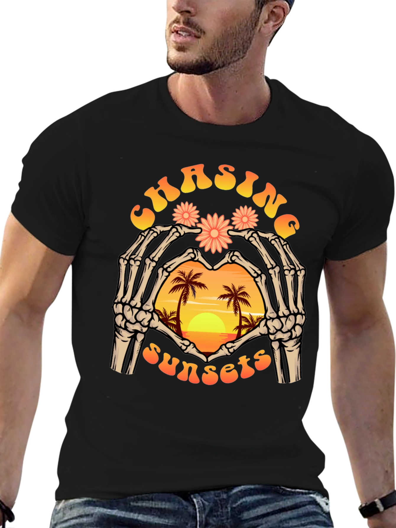 Chasing Sunsets Graphic Tee - Skeleton Heart Hand Design