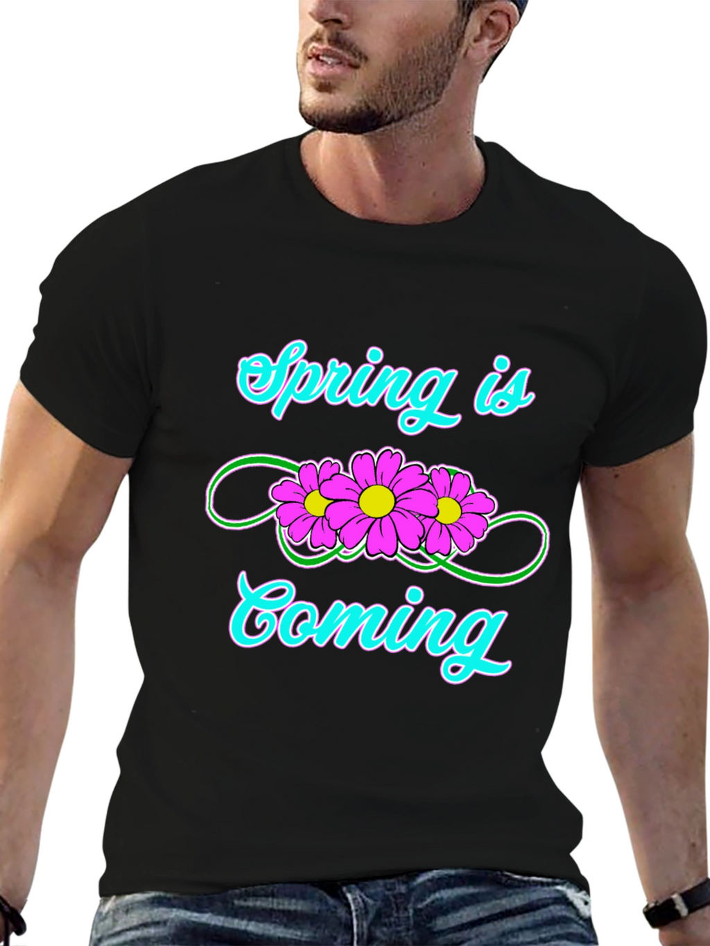 Spring Is Coming T-Shirt Black Flower Graphic Tee