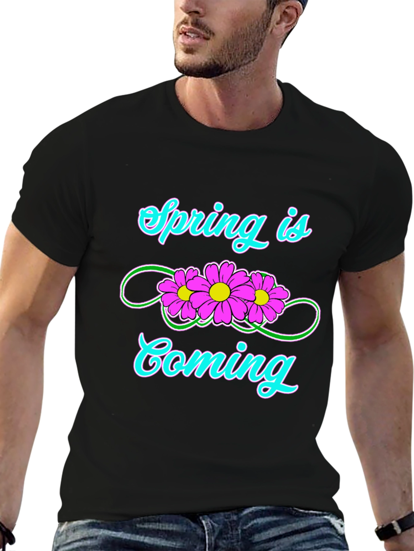 Spring Is Coming T-Shirt Black Flower Graphic Tee