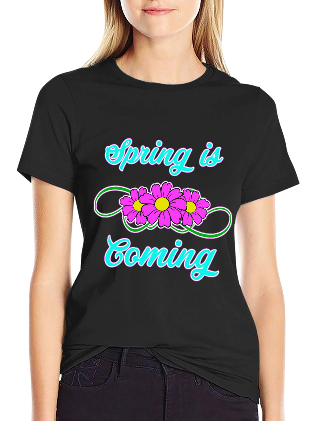 Spring Is Coming T-Shirt Black Flower Graphic Tee