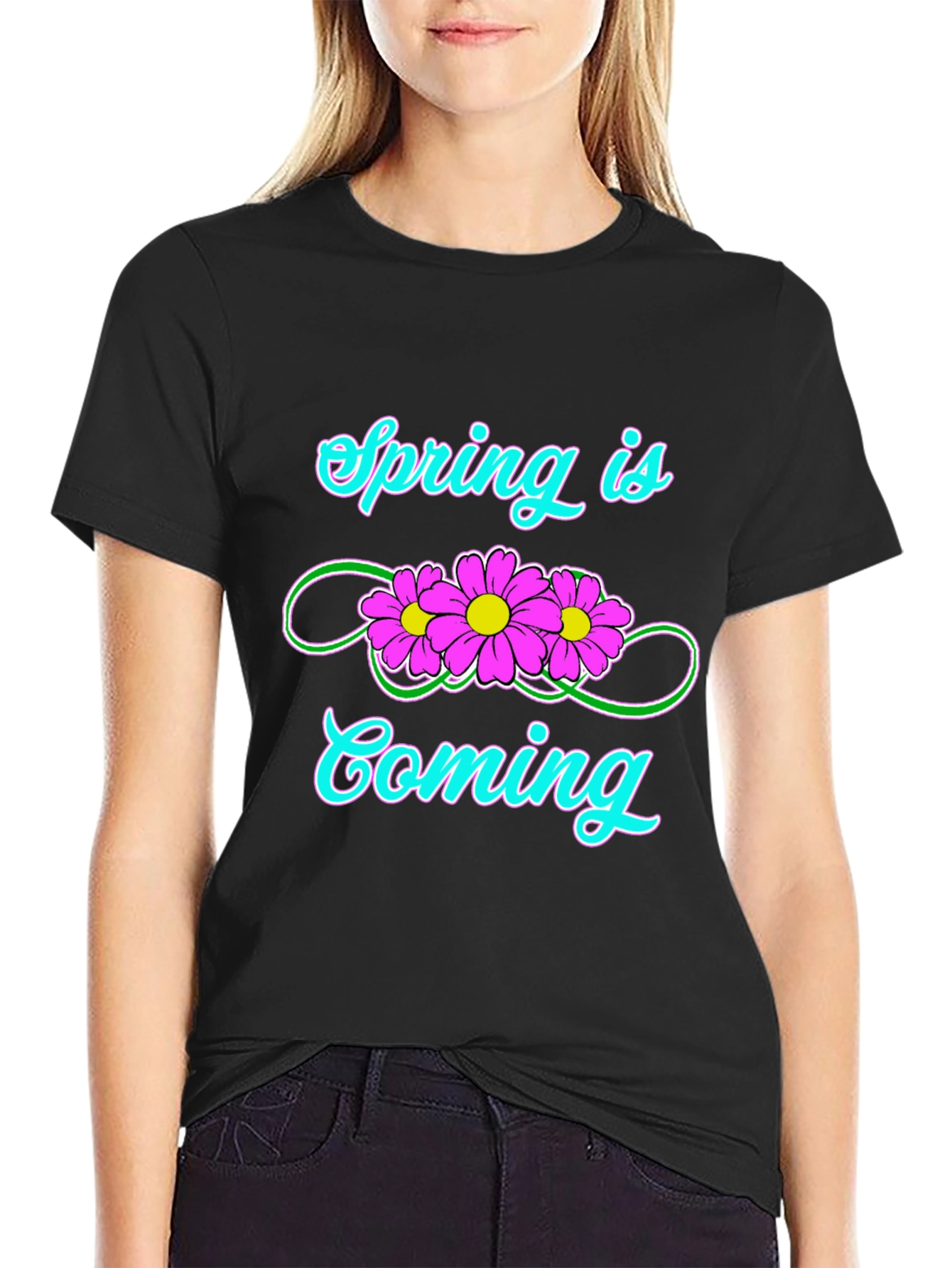 Spring Is Coming T-Shirt Black Flower Graphic Tee