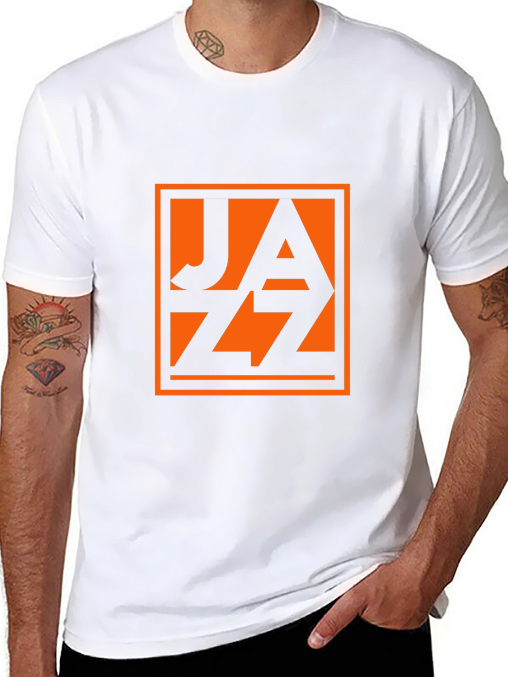 Black T-Shirt with Orange Jazz Graphic