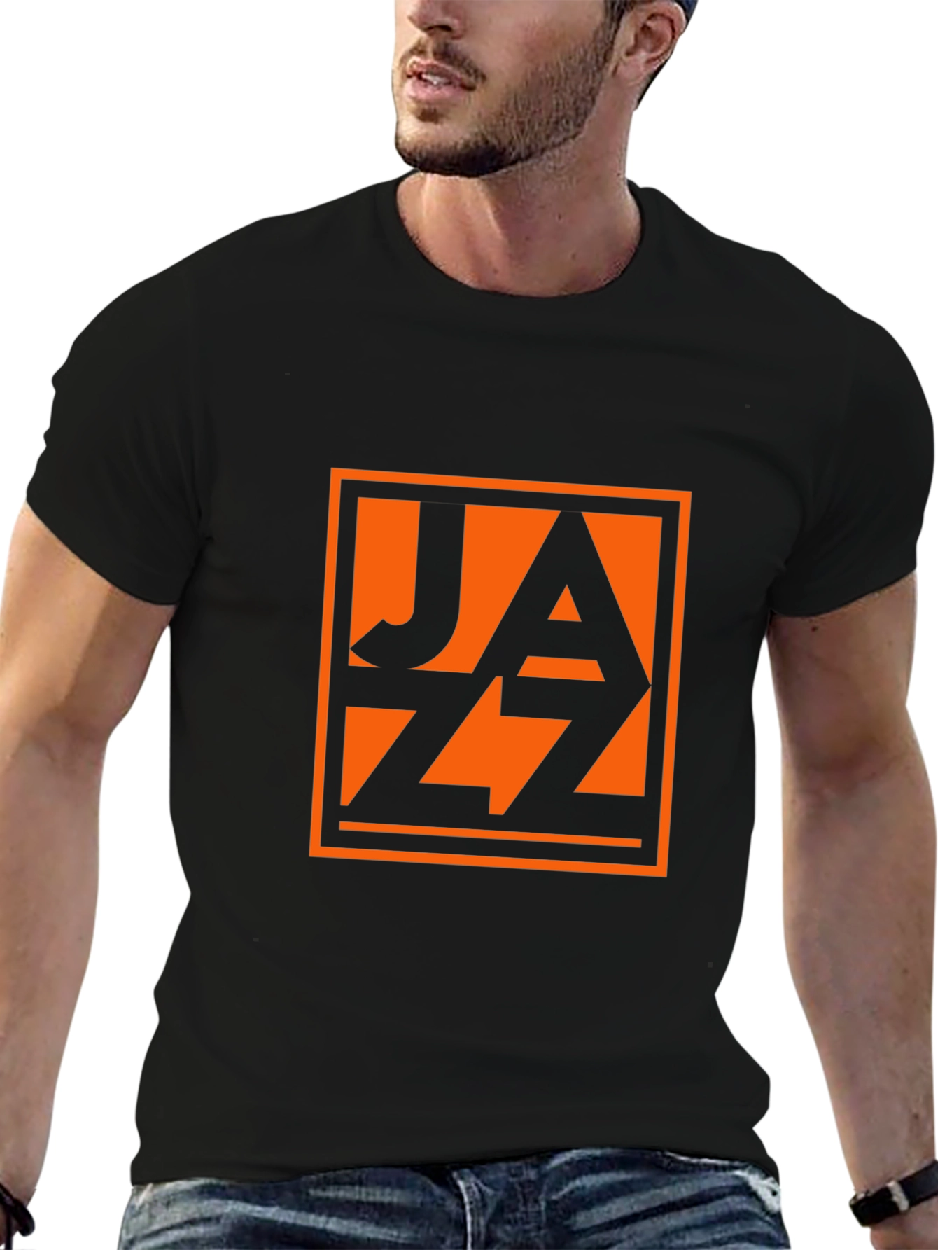 Black T-Shirt with Orange Jazz Graphic