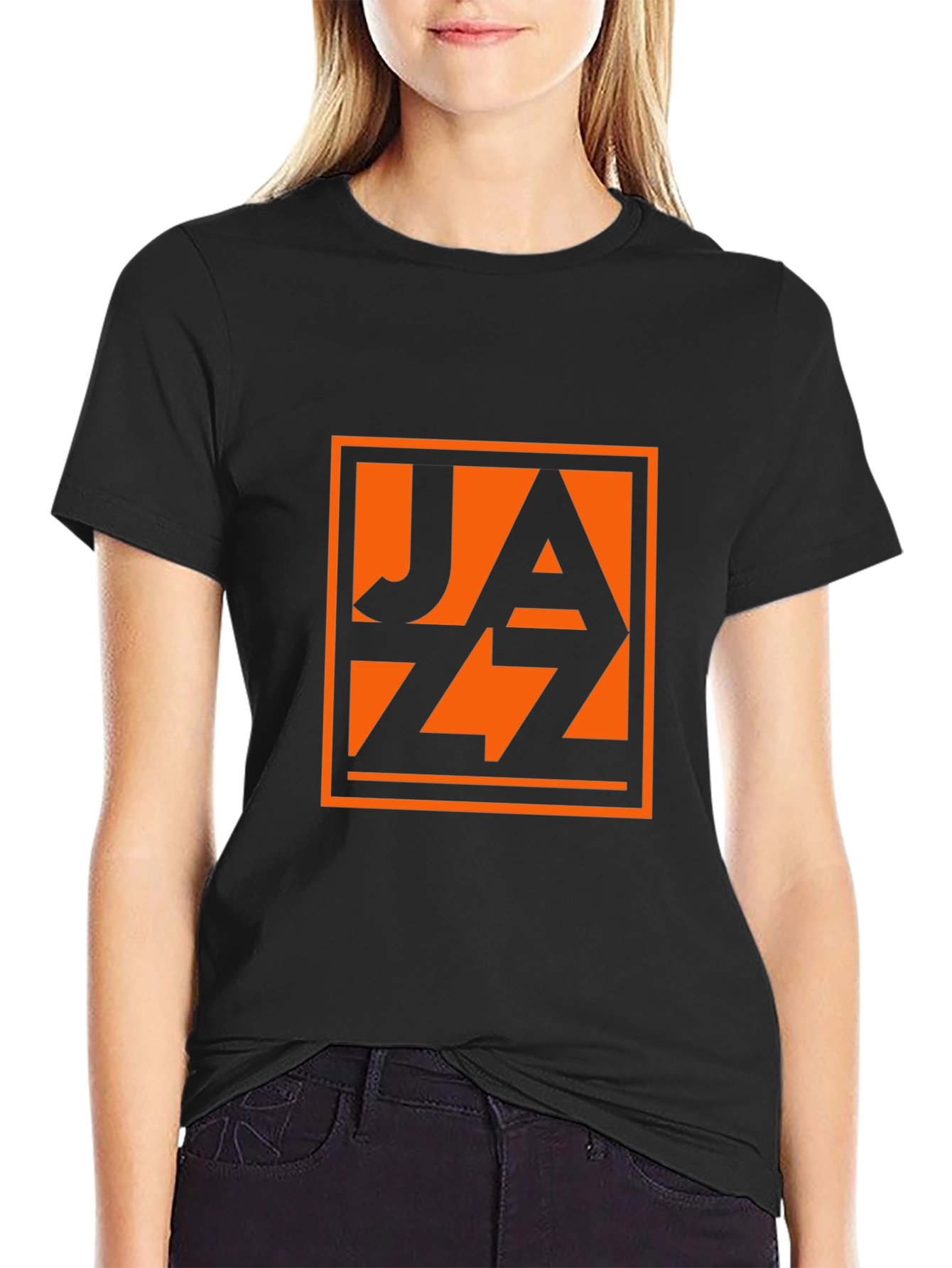 Black T-Shirt with Orange Jazz Graphic