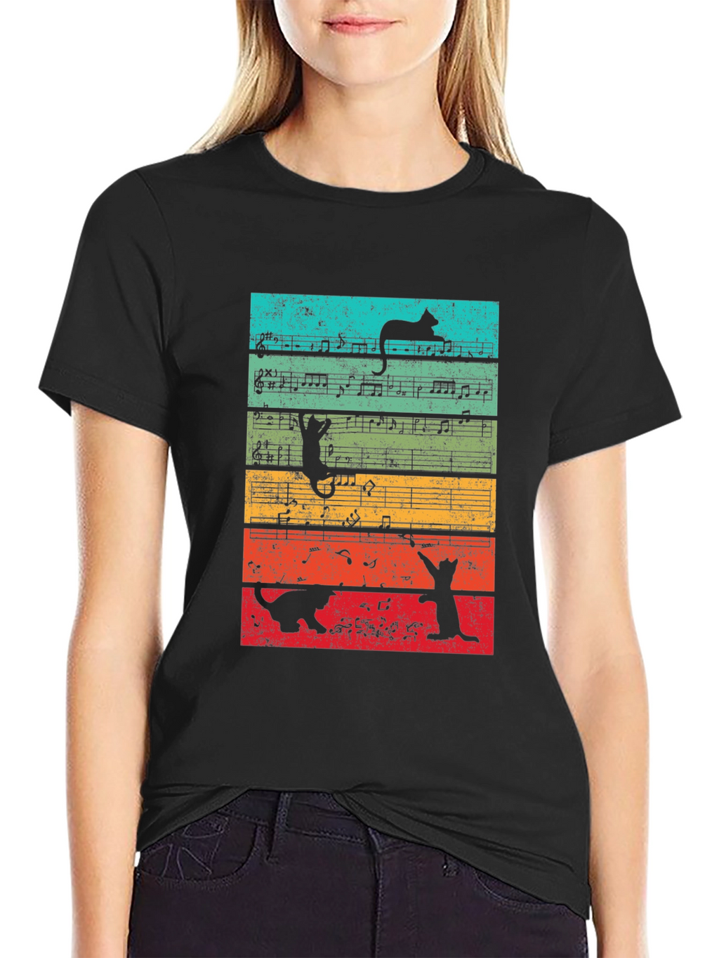 Cats and Music Notes Graphic T-Shirt