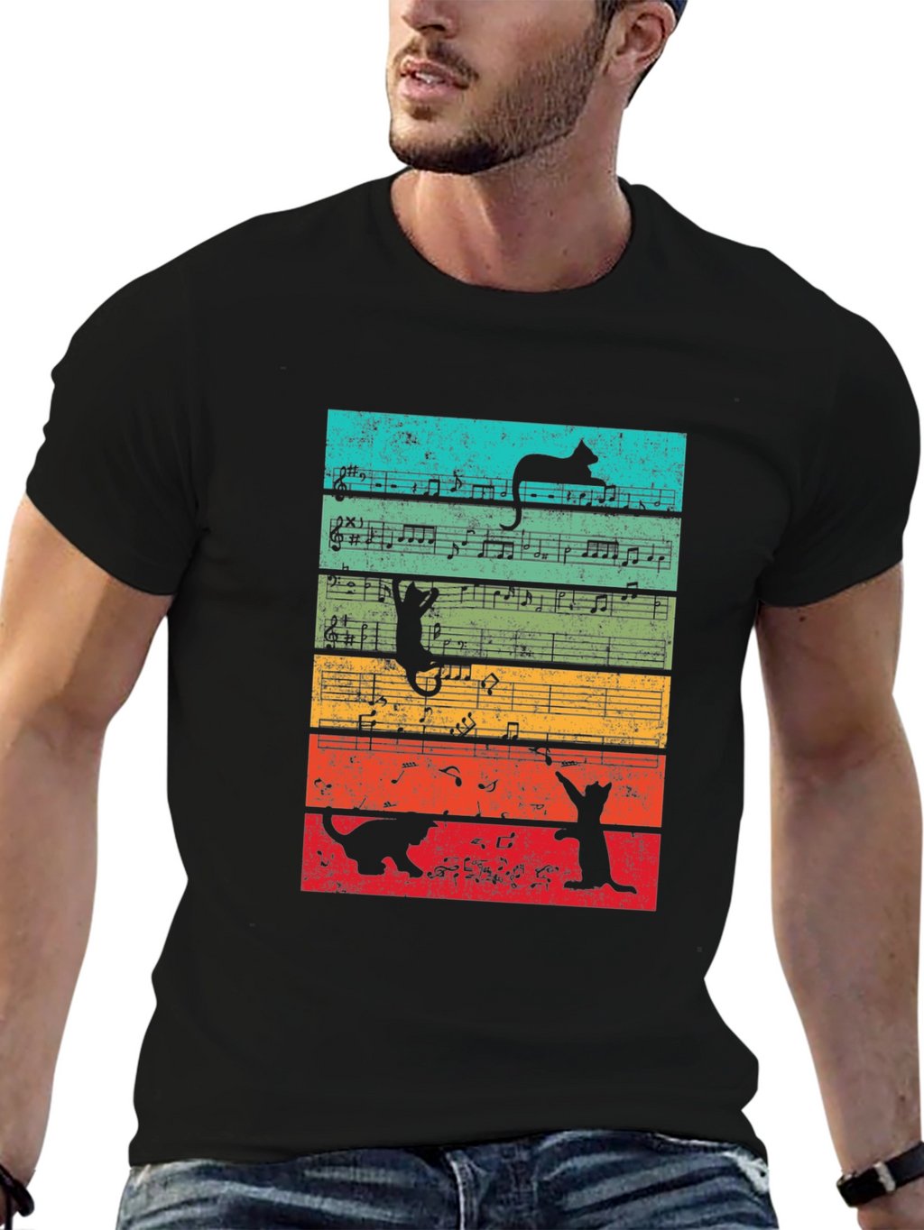 Cats and Music Notes Graphic T-Shirt