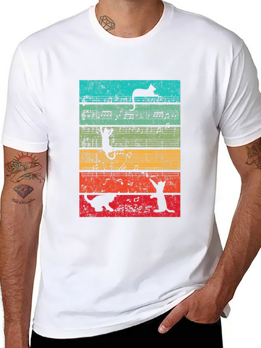 Cats and Music Notes Graphic T-Shirt