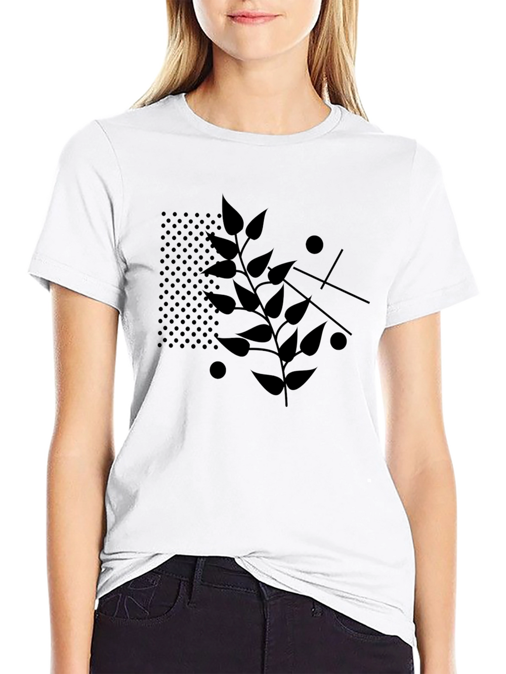 Modern Leaf Print Black T-Shirt