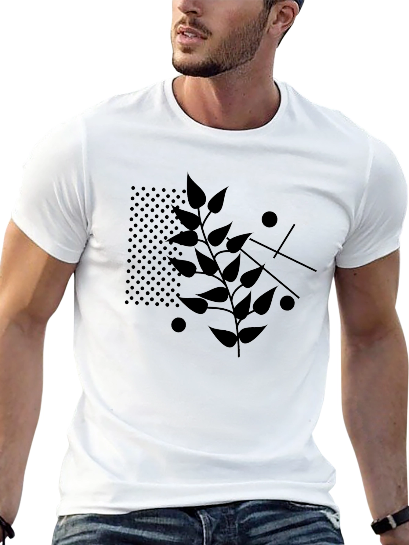 Modern Leaf Print Black T-Shirt
