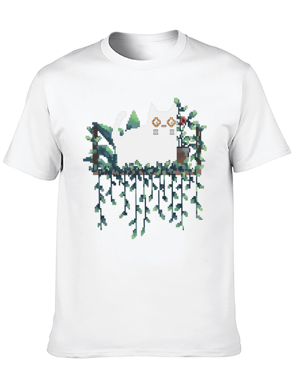 Pixel Cat & Plants Black T-Shirt