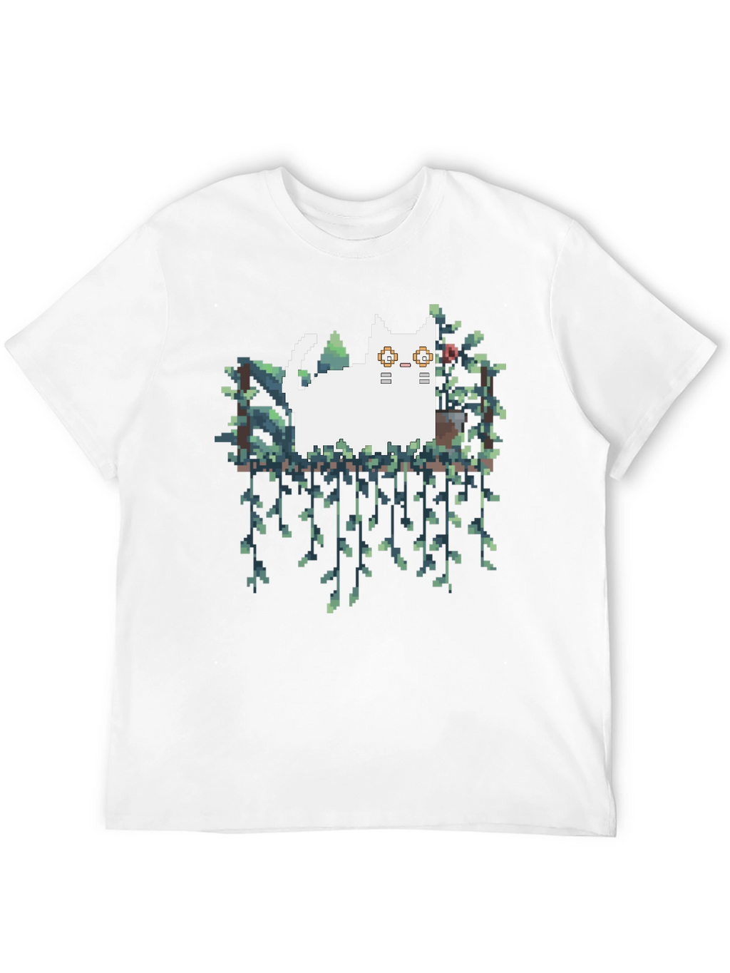 Pixel Cat & Plants Black T-Shirt